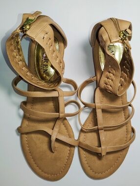 Lauren Ralph Lauren Meira Tan Leather Braided Gladiator Wedge Sandals 8B Zip